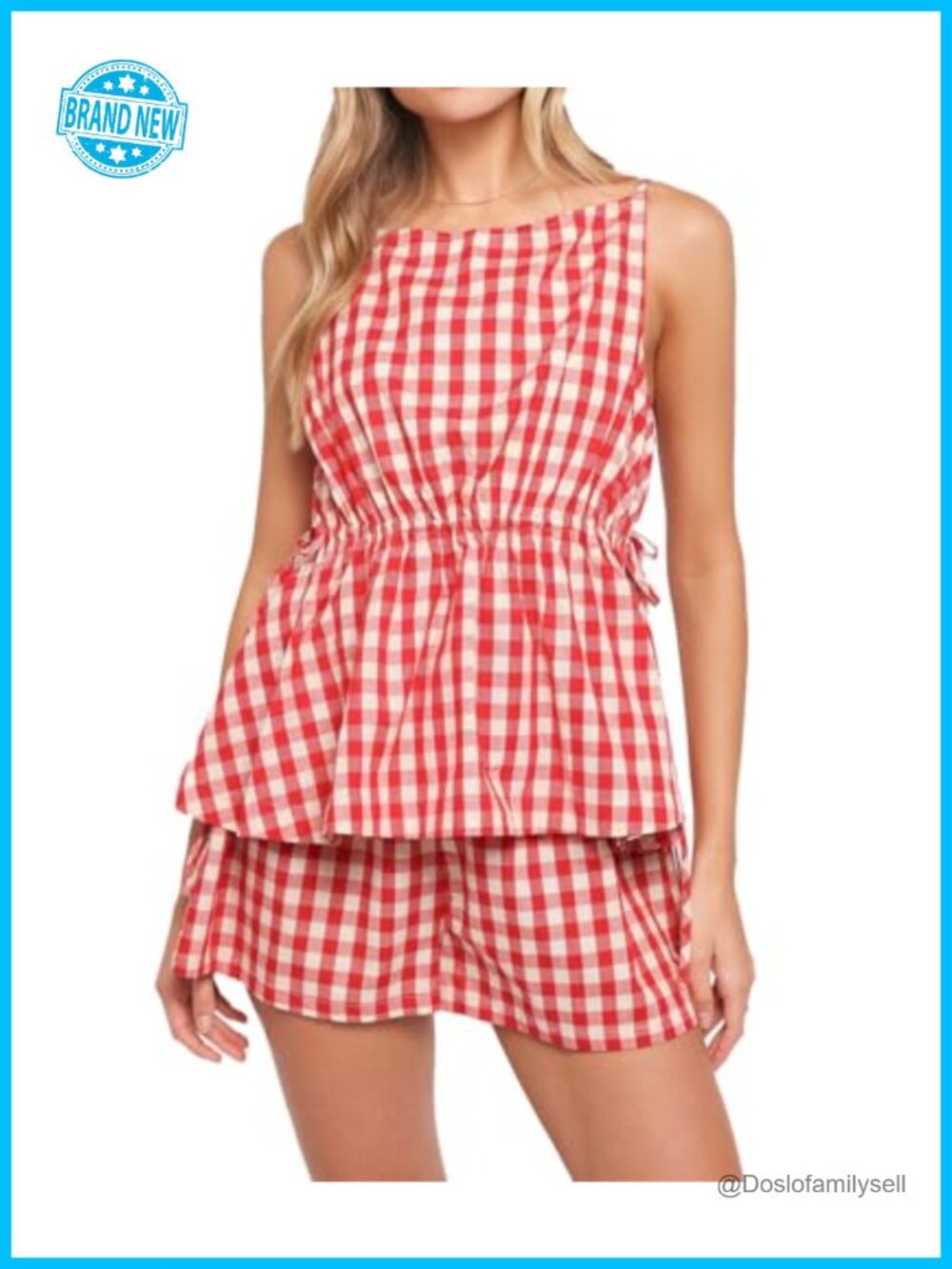 Women's Cotton Gingham Top & Shorts Set Drawstring Tie Lounge Outfit